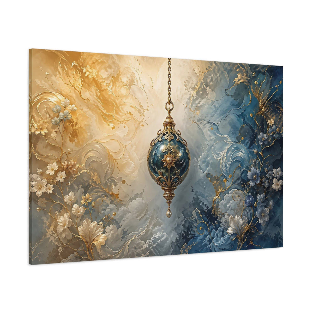 Side Mockup 1. Abstract Ornate Lantern Gold And Blue shown as stretched canvas wall art