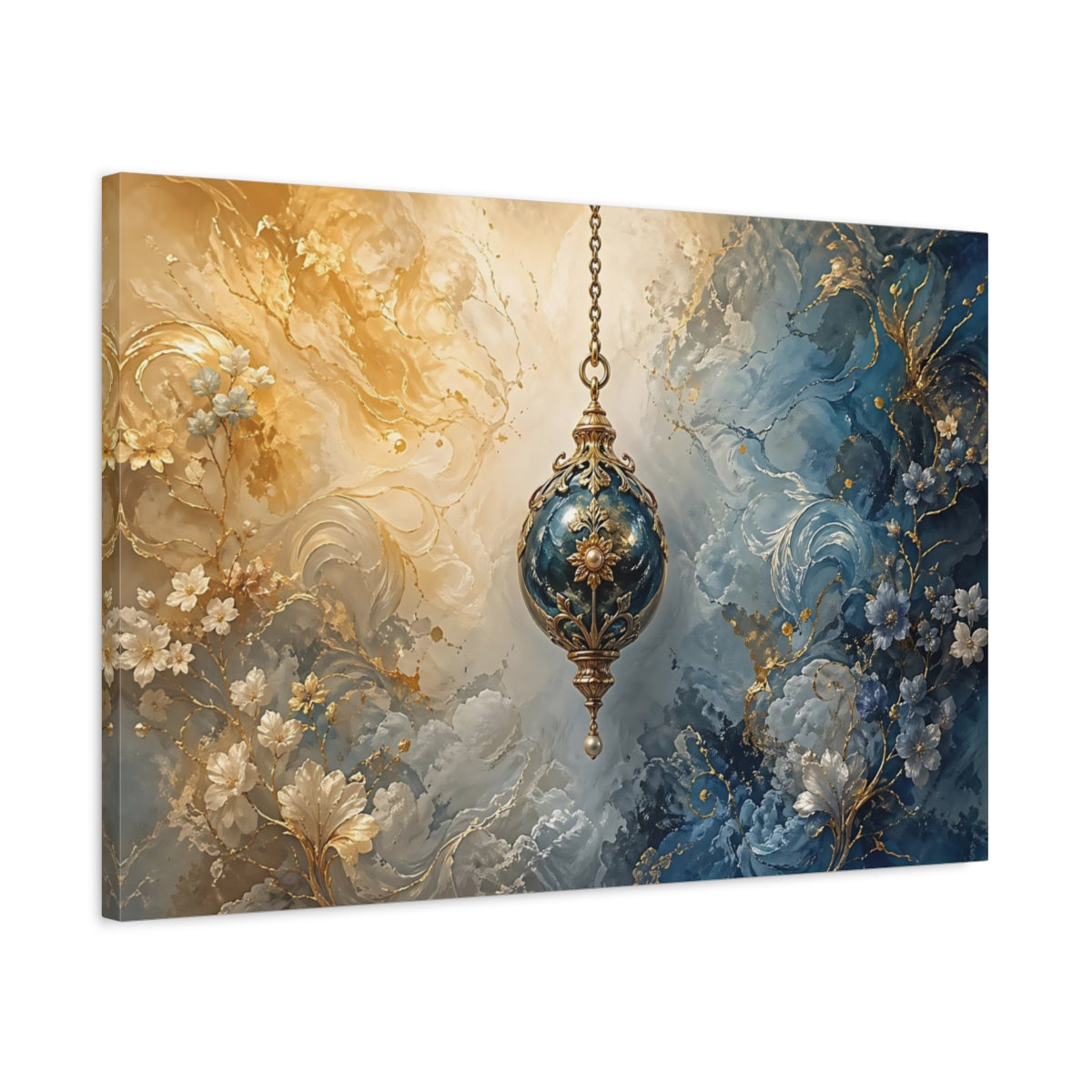 Side Mockup 2. Abstract Ornate Lantern Gold And Blue shown as stretched canvas wall art