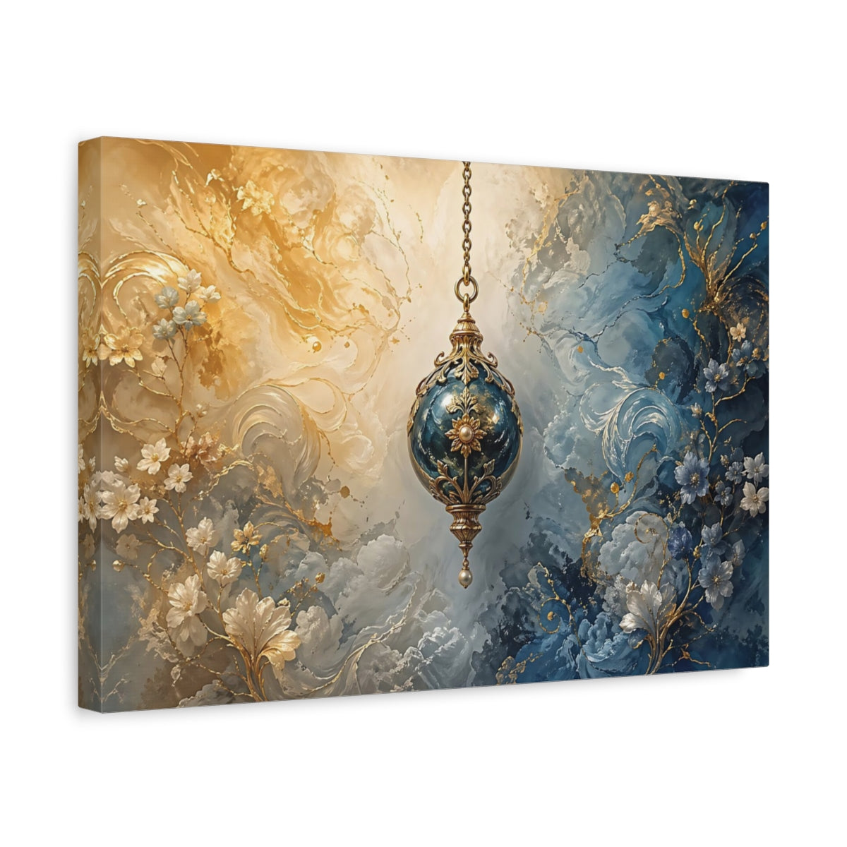 Side Mockup 4. Abstract Ornate Lantern Gold And Blue shown as stretched canvas wall art