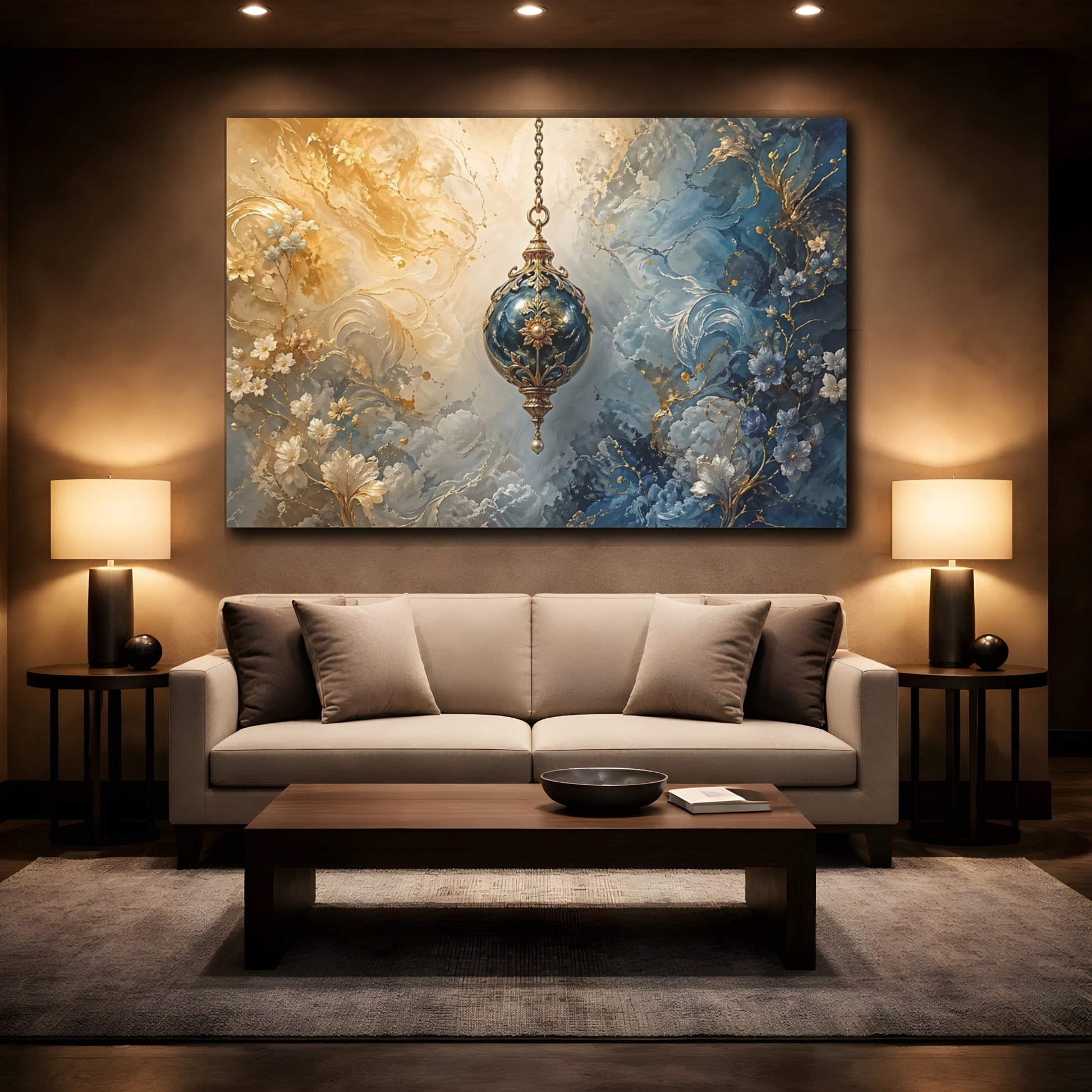 Mockup 2. Abstract Ornate Lantern Gold And Blue shown as stretched canvas wall art