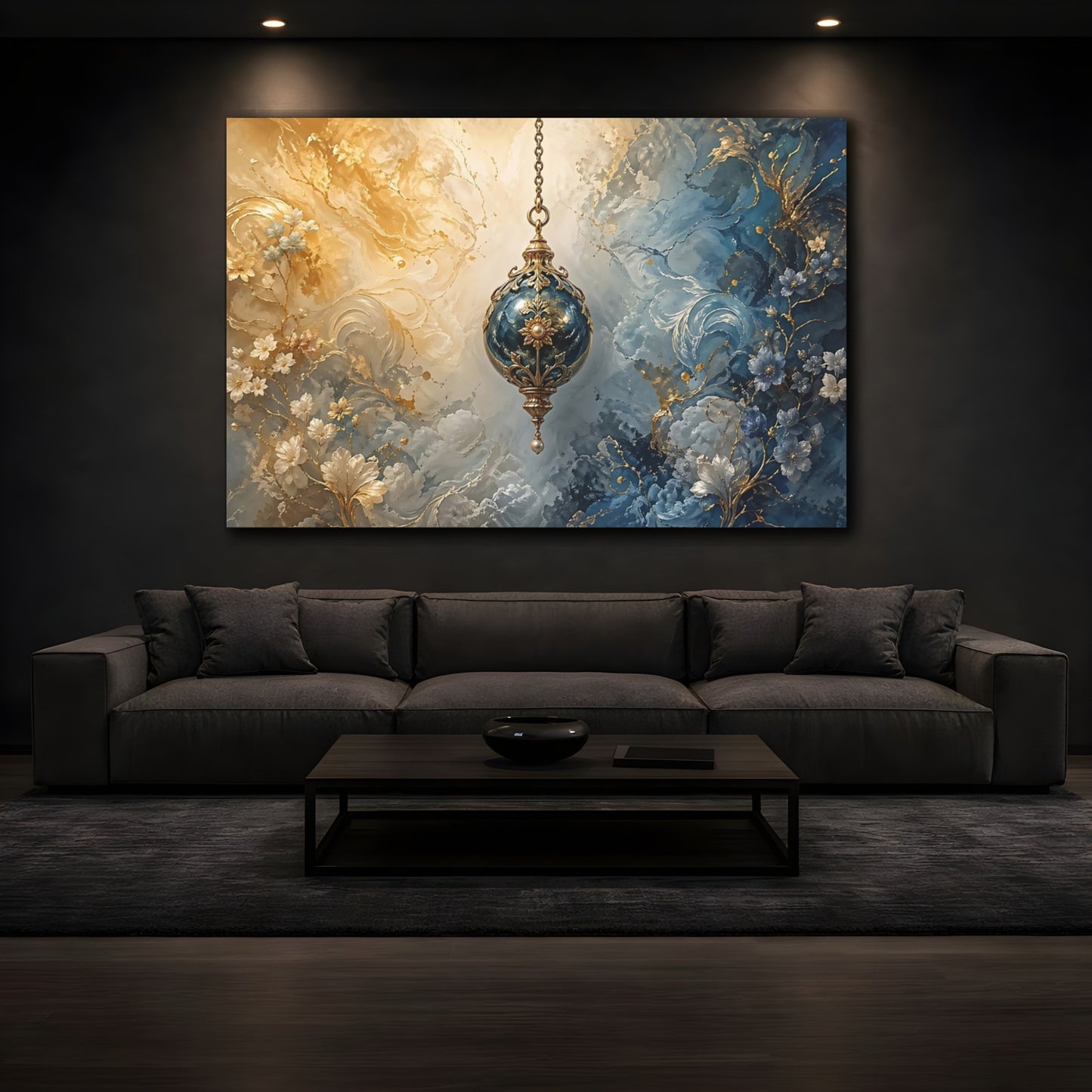 Mockup 3. Abstract Ornate Lantern Gold And Blue shown as stretched canvas wall art