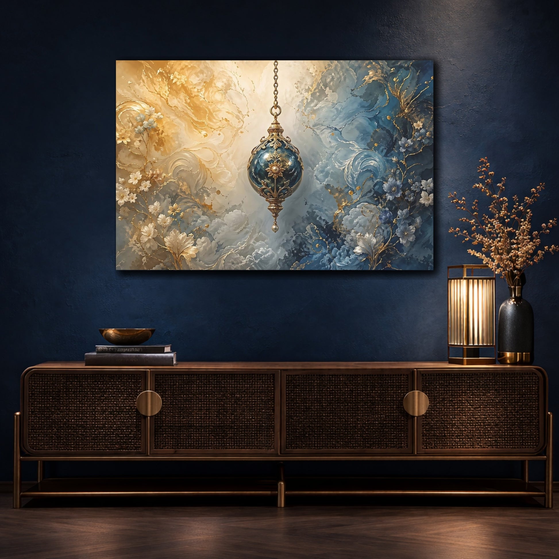 Mockup 4. Abstract Ornate Lantern Gold And Blue shown as stretched canvas wall art