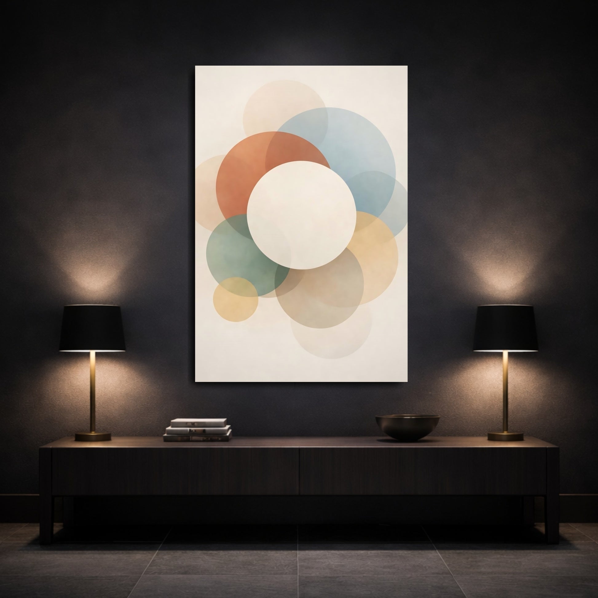 Mockup 2. Abstract Overlapping Circles Muted Geometric Circles shown as stretched canvas wall art