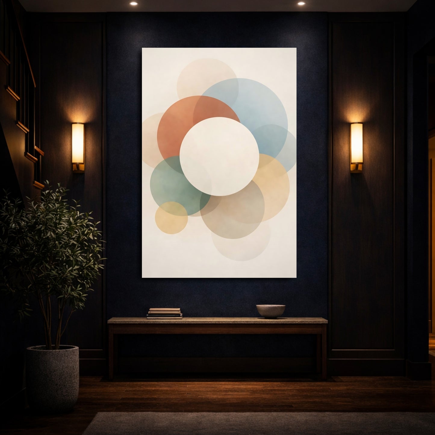 Mockup 3. Abstract Overlapping Circles Muted Geometric Circles shown as stretched canvas wall art