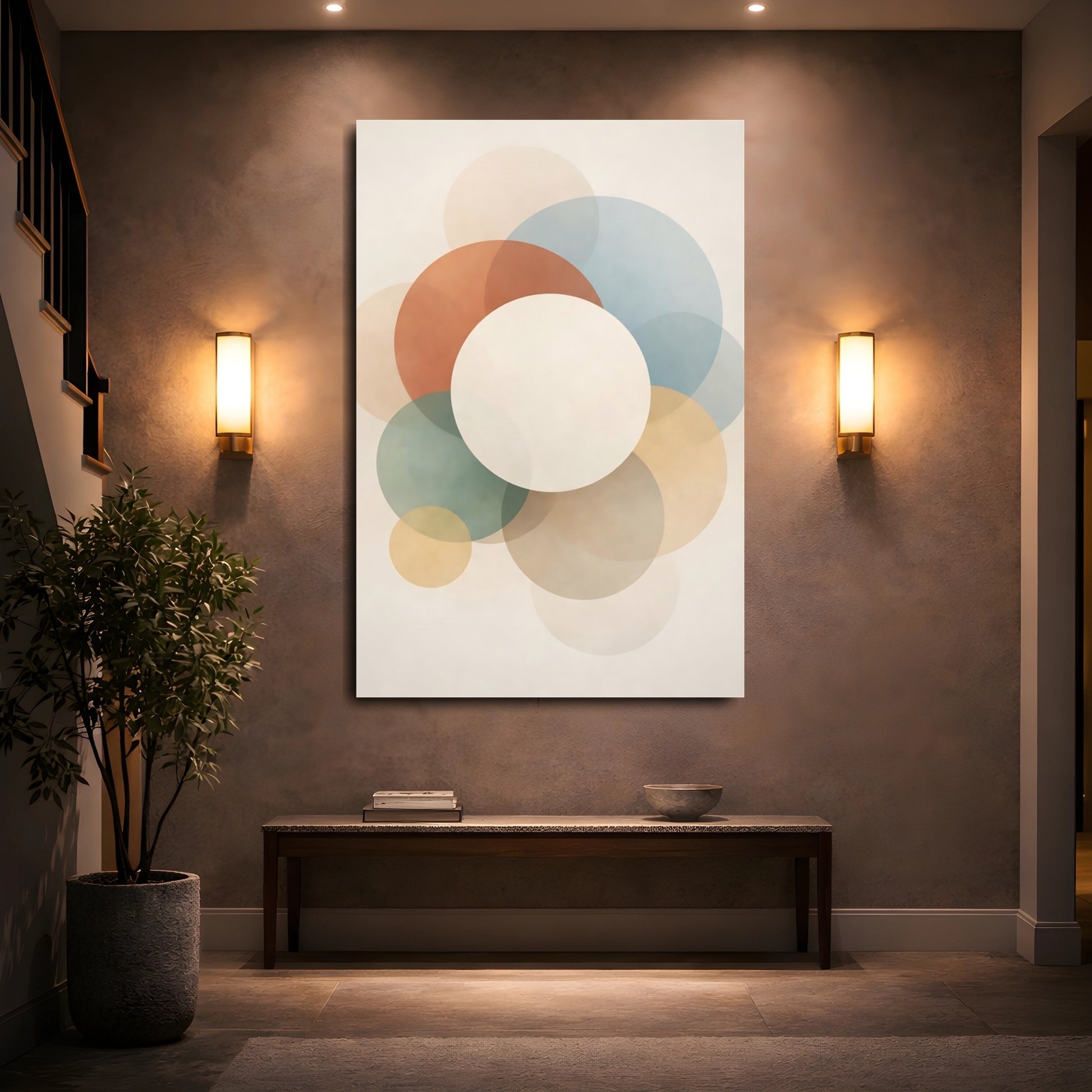Mockup 4. Abstract Overlapping Circles Muted Geometric Circles shown as stretched canvas wall art