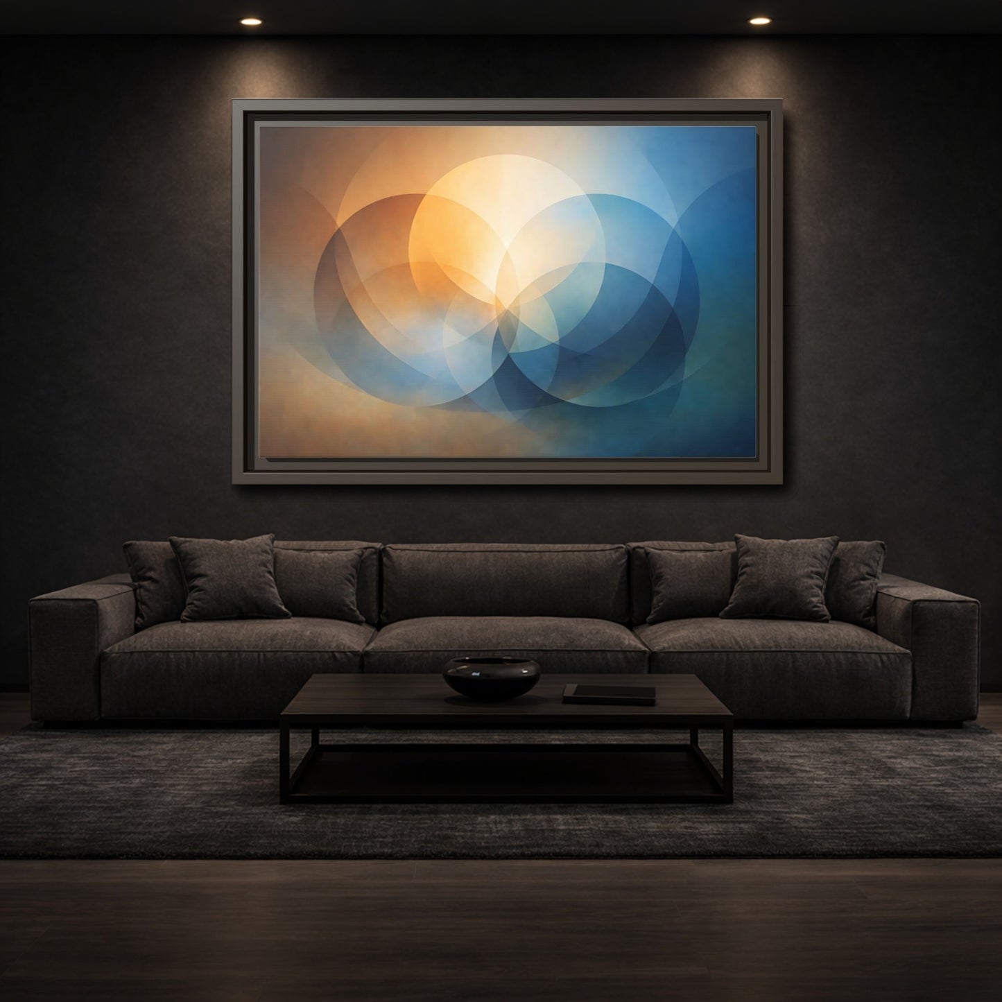 Mockup 2. Abstract Overlapping Circles Orange Blue Abstract shown as stretched canvas wall art