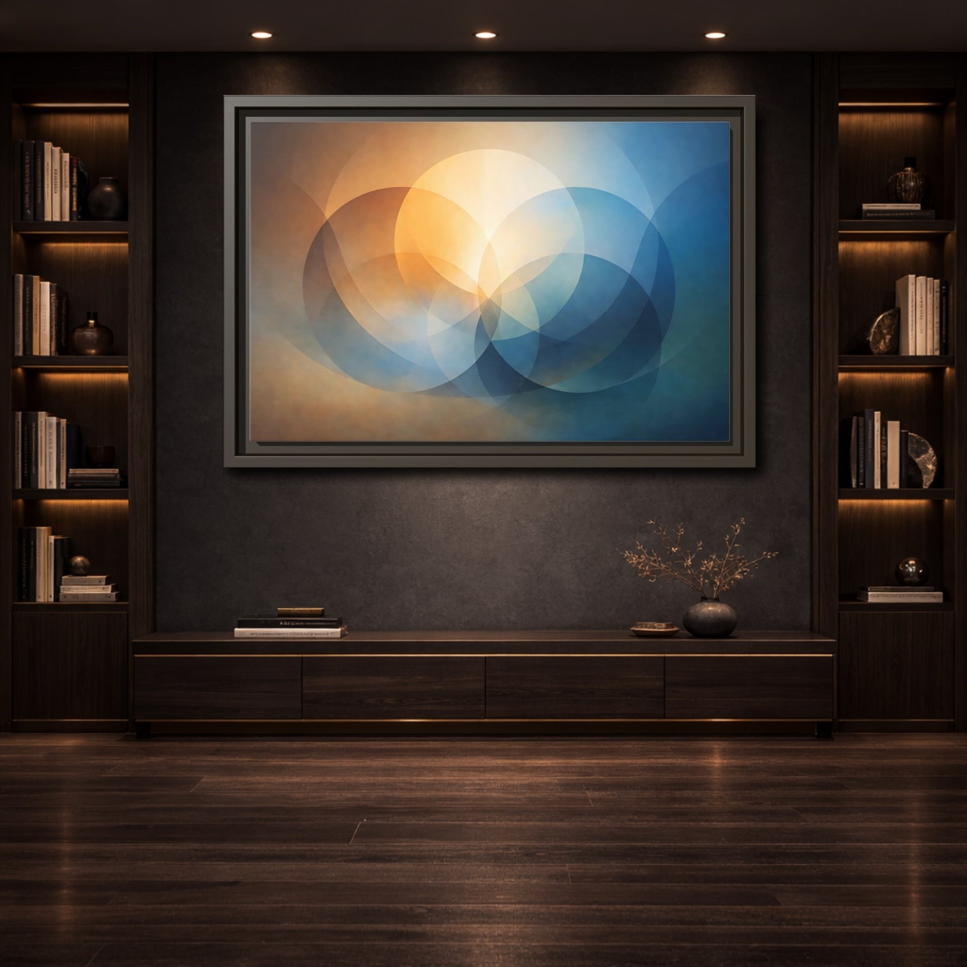 Mockup 3. Abstract Overlapping Circles Orange Blue Abstract shown as stretched canvas wall art