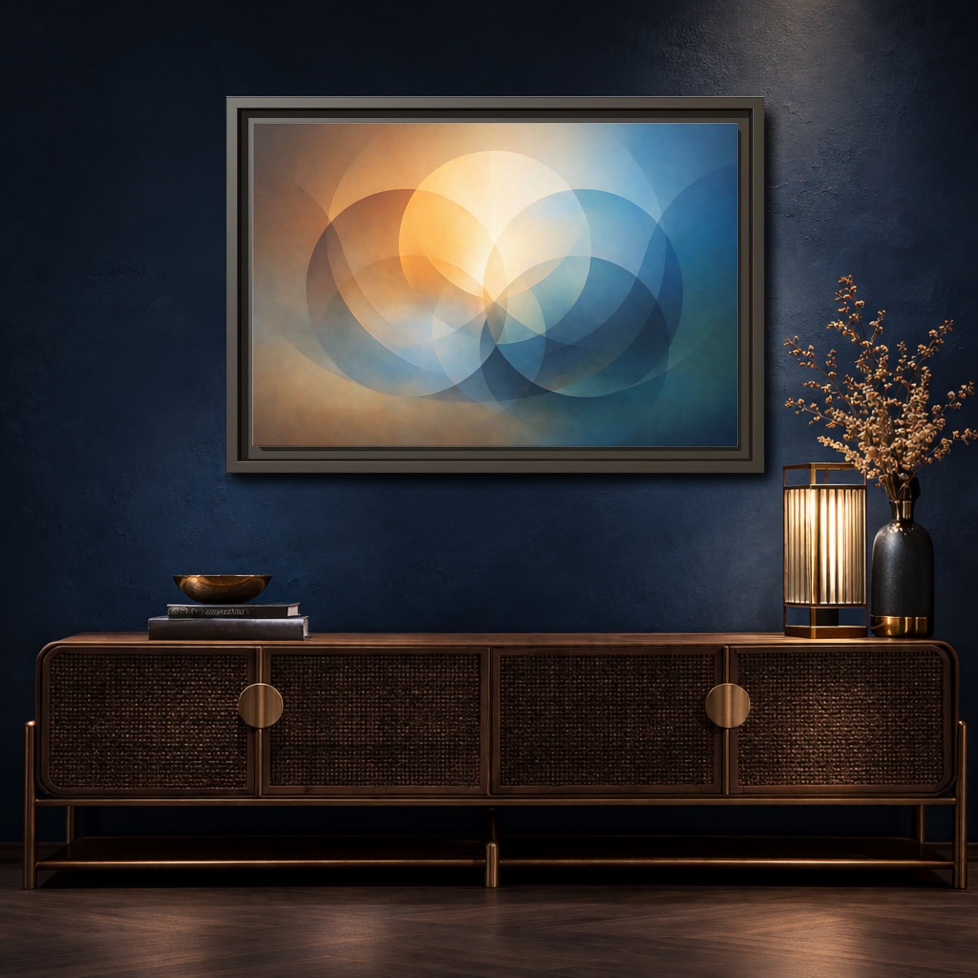 Mockup 4. Abstract Overlapping Circles Orange Blue Abstract shown as stretched canvas wall art