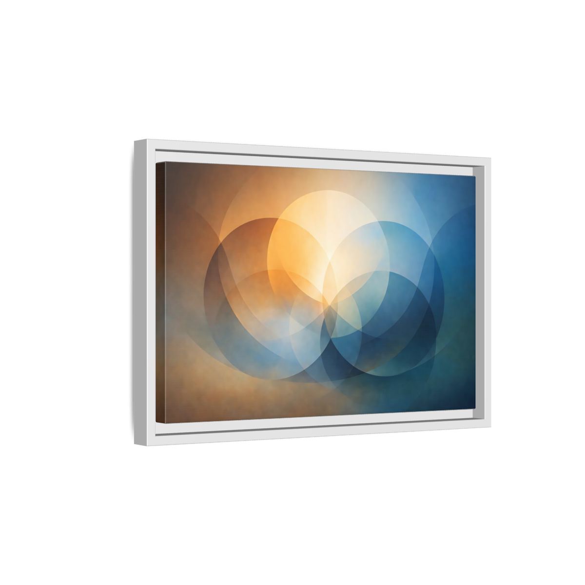 Side Mockup 4. Abstract Overlapping Circles Orange Blue Abstract shown as stretched canvas wall art