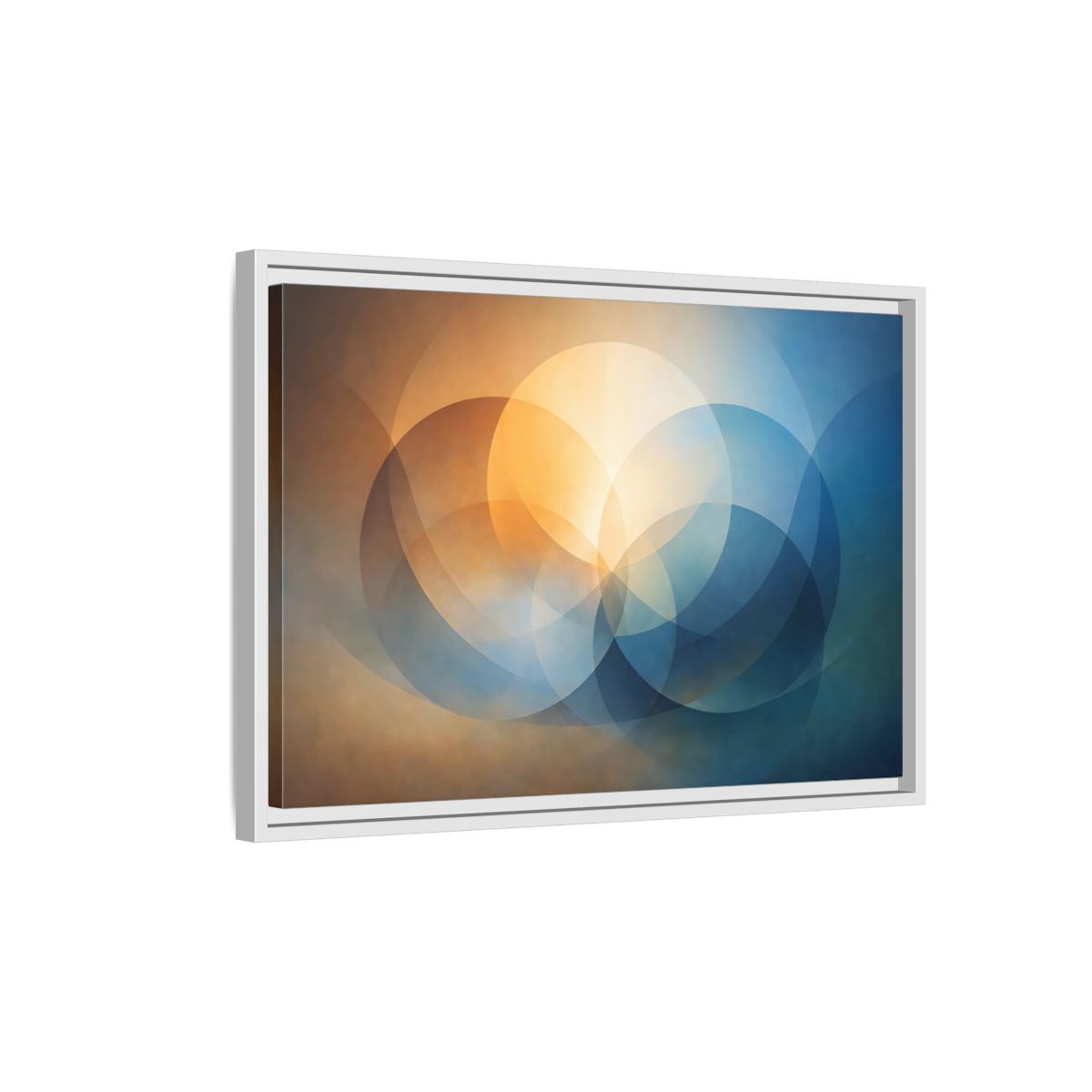 Side Mockup 1. Abstract Overlapping Circles Orange Blue Abstract shown as stretched canvas wall art