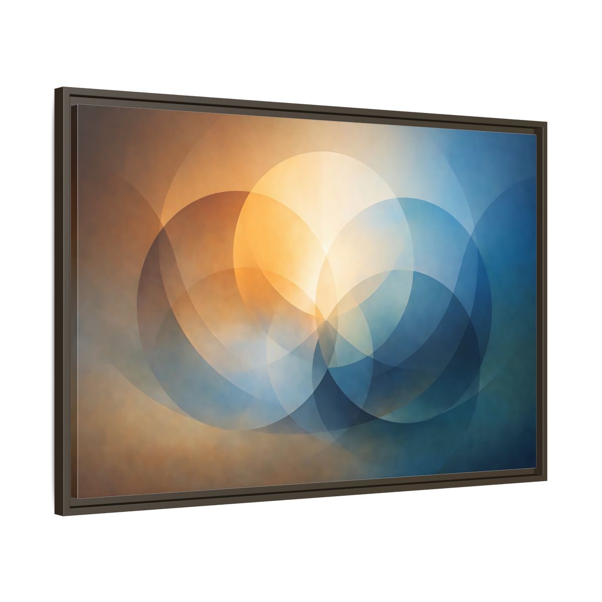 Side Mockup 9. Abstract Overlapping Circles Orange Blue Abstract shown as stretched canvas wall art