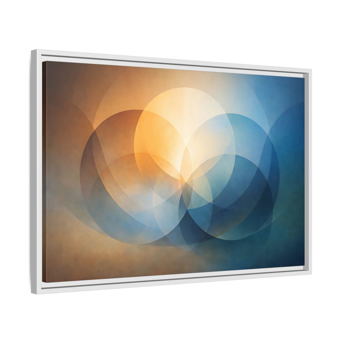Side Mockup 10. Abstract Overlapping Circles Orange Blue Abstract shown as stretched canvas wall art