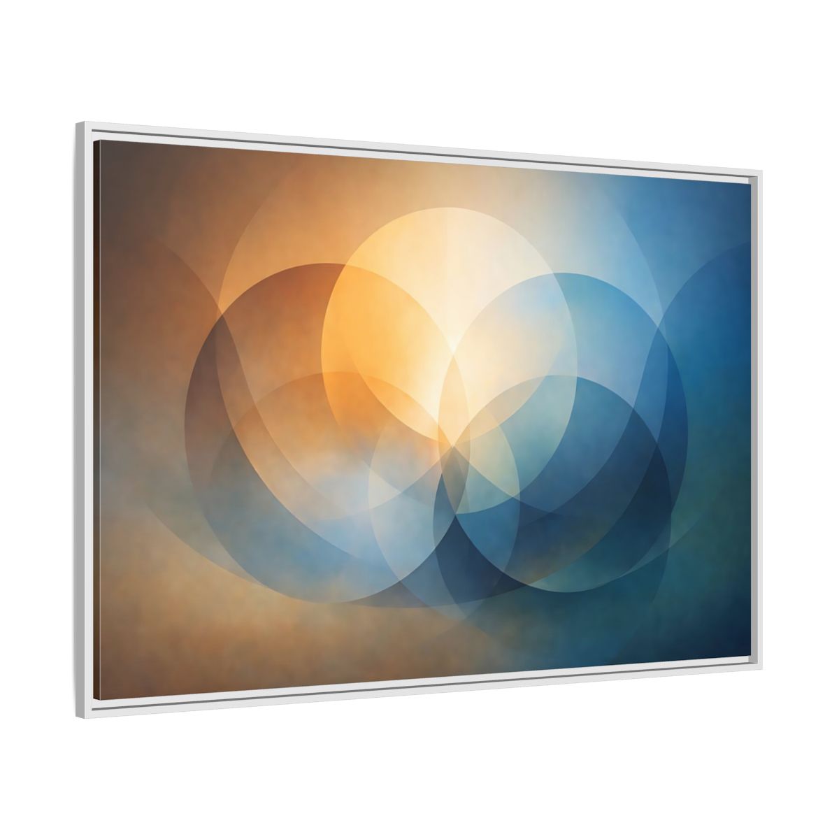 Side Mockup 7. Abstract Overlapping Circles Orange Blue Abstract shown as stretched canvas wall art