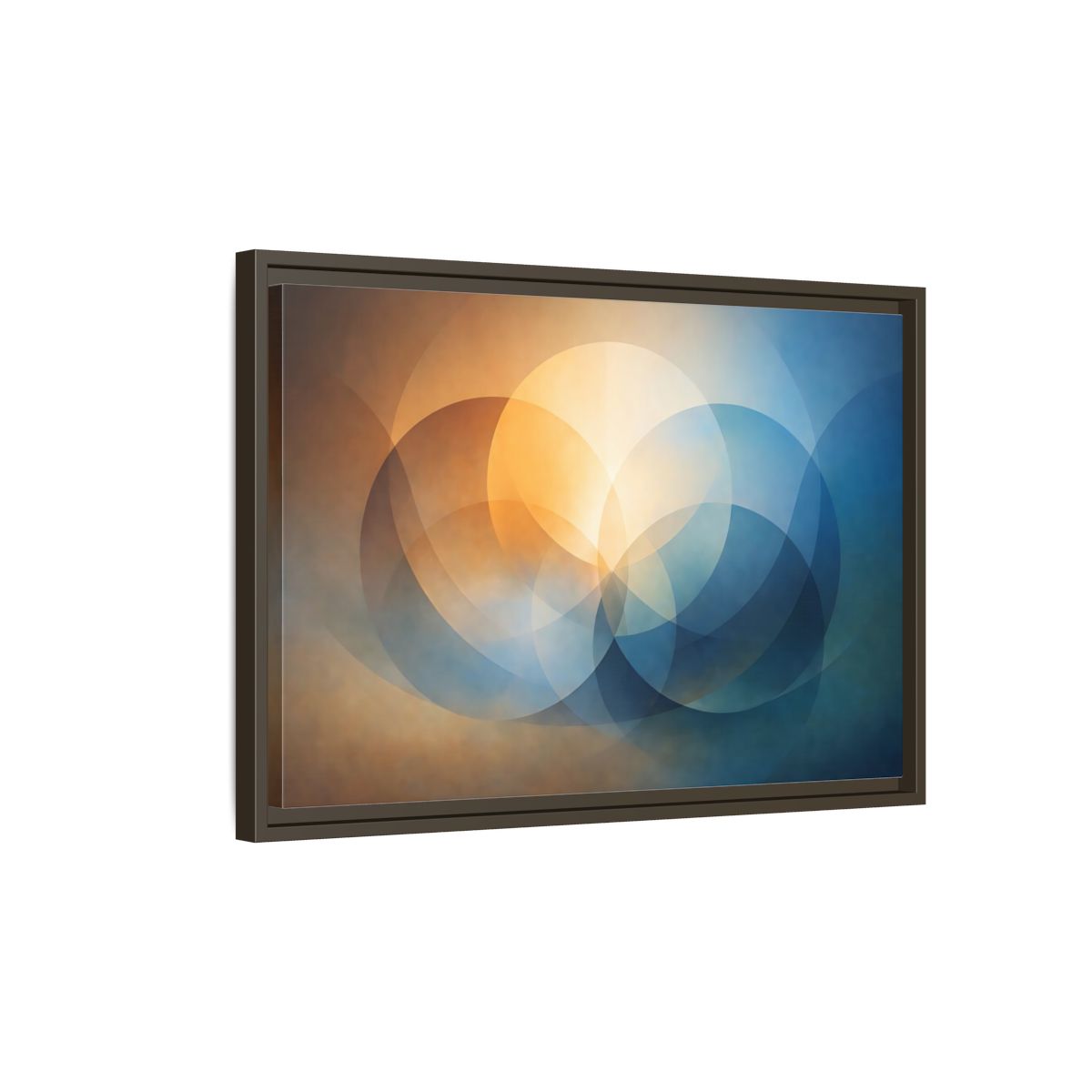 Side Mockup 2. Abstract Overlapping Circles Orange Blue Abstract shown as stretched canvas wall art