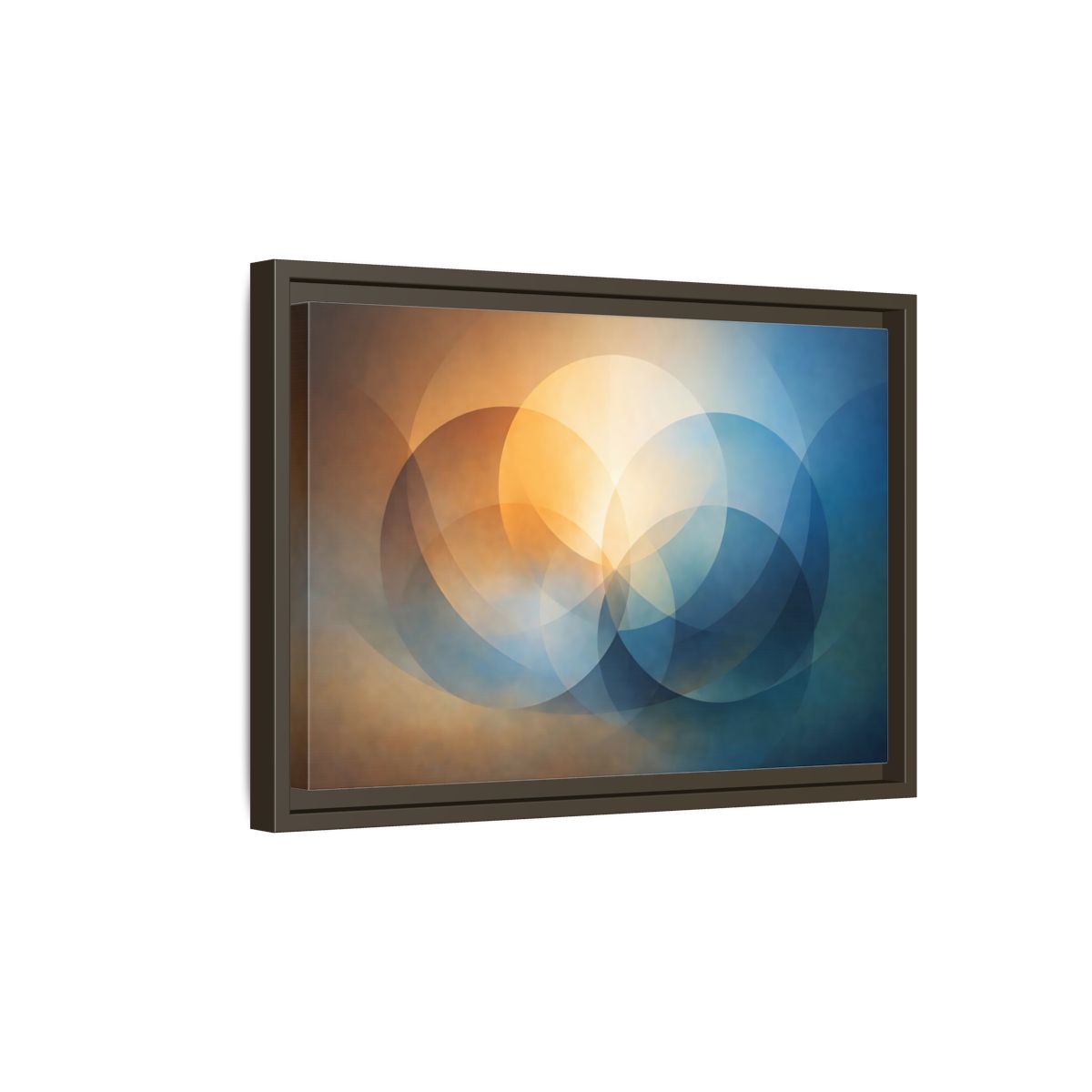 Side Mockup 5. Abstract Overlapping Circles Orange Blue Abstract shown as stretched canvas wall art