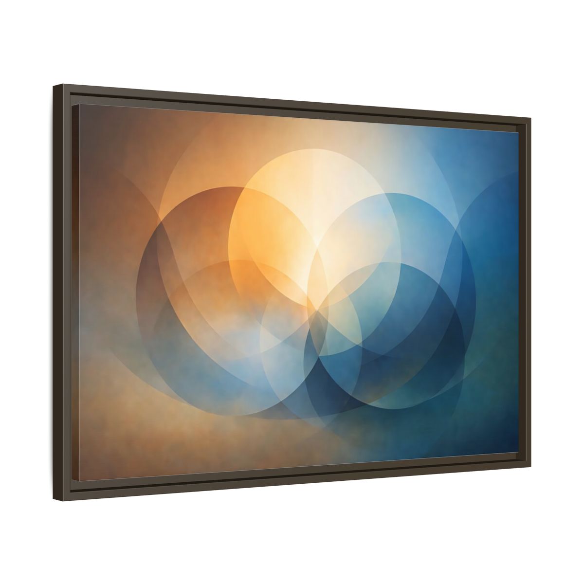 Side Mockup 11. Abstract Overlapping Circles Orange Blue Abstract shown as stretched canvas wall art