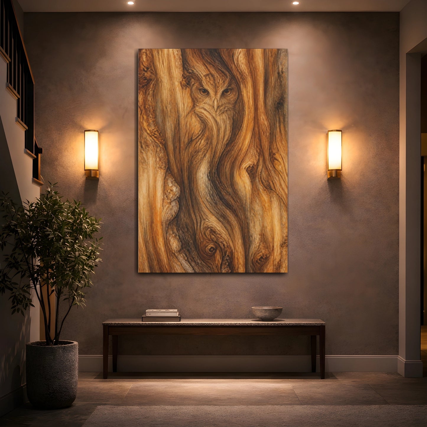 Mockup 2. Abstract Owl In Wood shown as canvas print