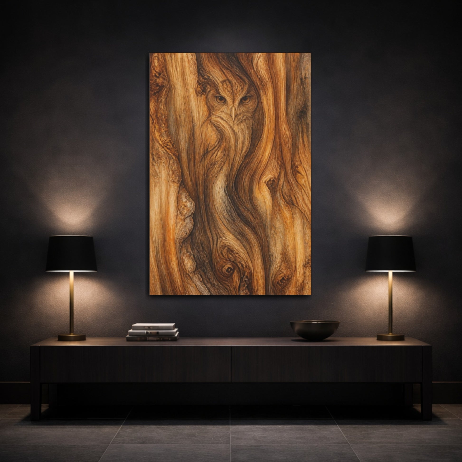 Mockup 3. Abstract Owl In Wood shown as canvas print