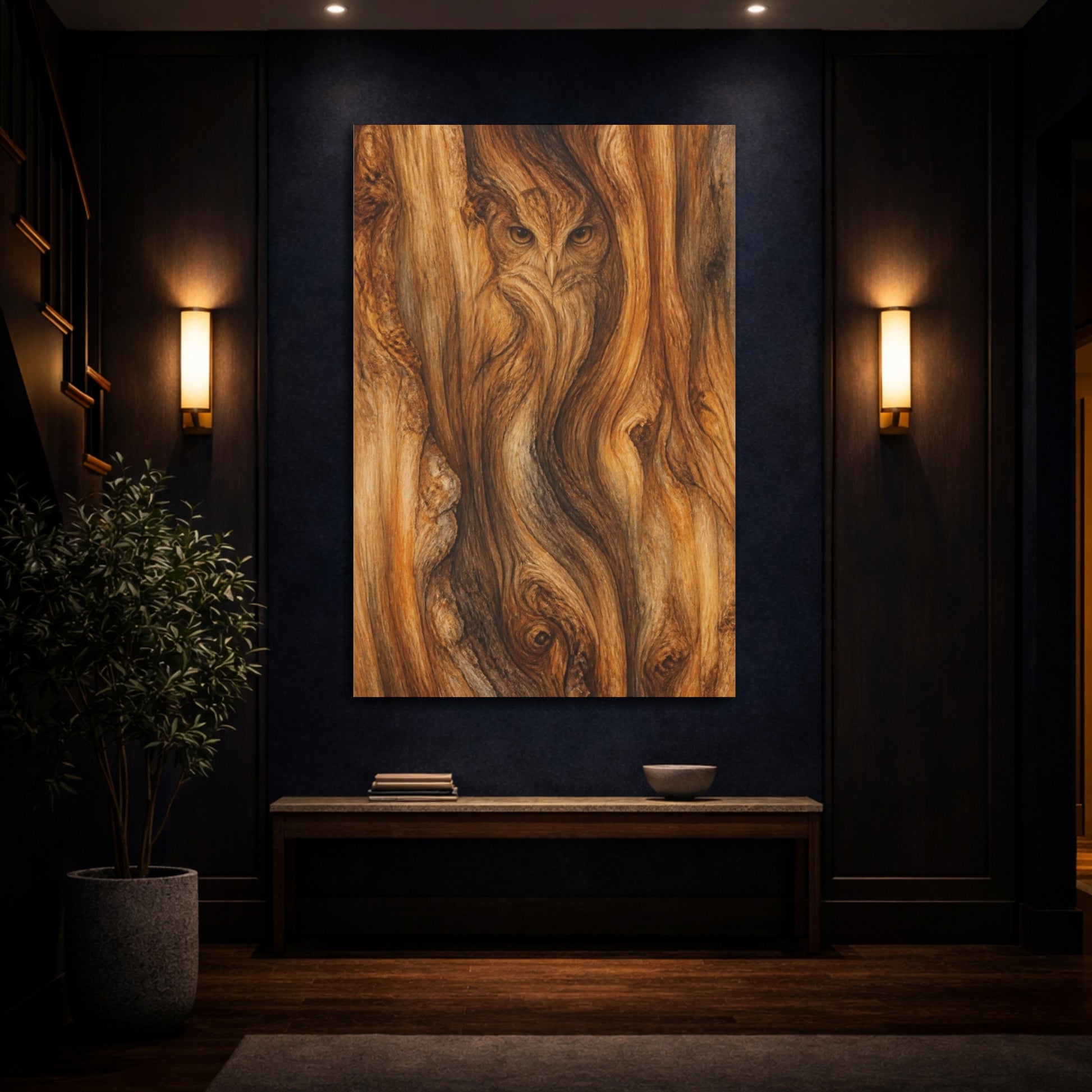 Mockup 4. Abstract Owl In Wood shown as canvas print