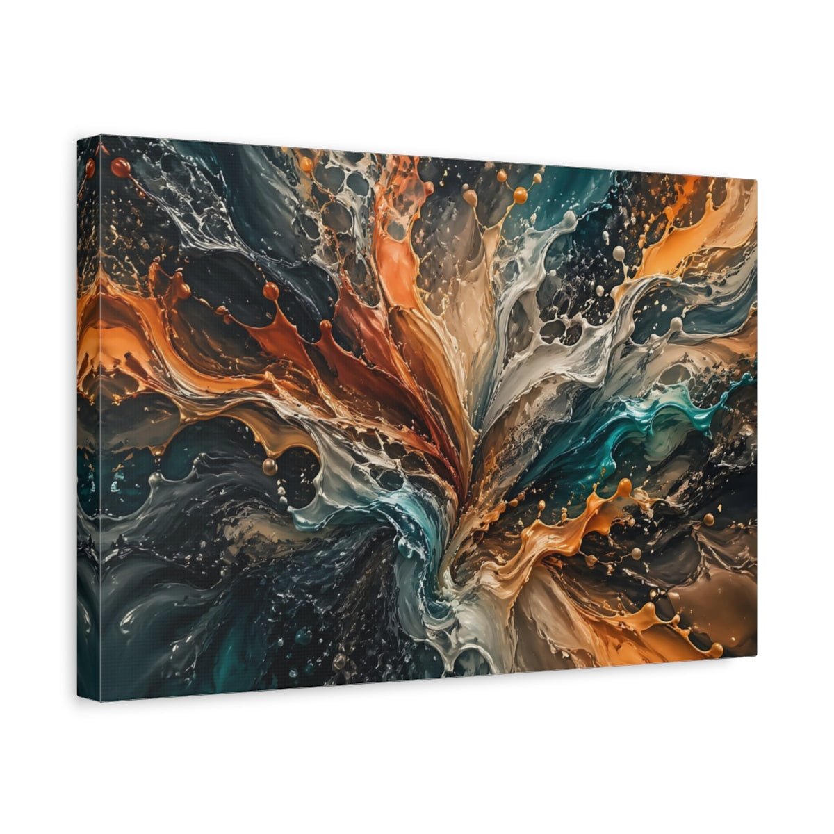 Side Mockup 4. Abstract Paint Splash Colorful Fluid Dynamics shown as stretched canvas wall art