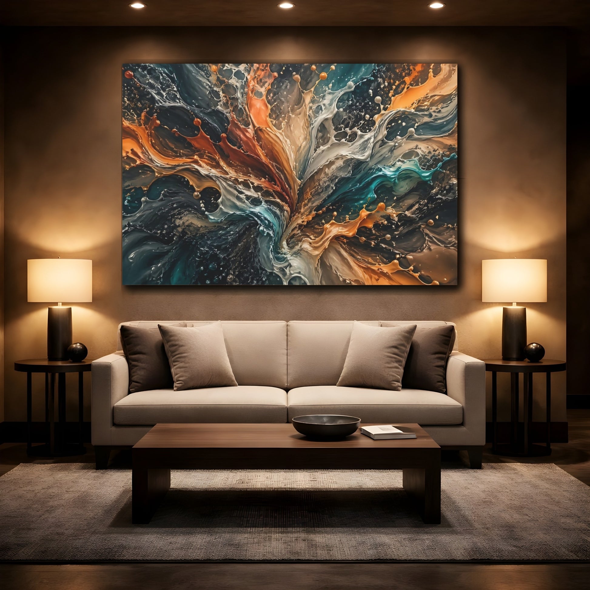 Mockup 2. Abstract Paint Splash Colorful Fluid Dynamics shown as stretched canvas wall art