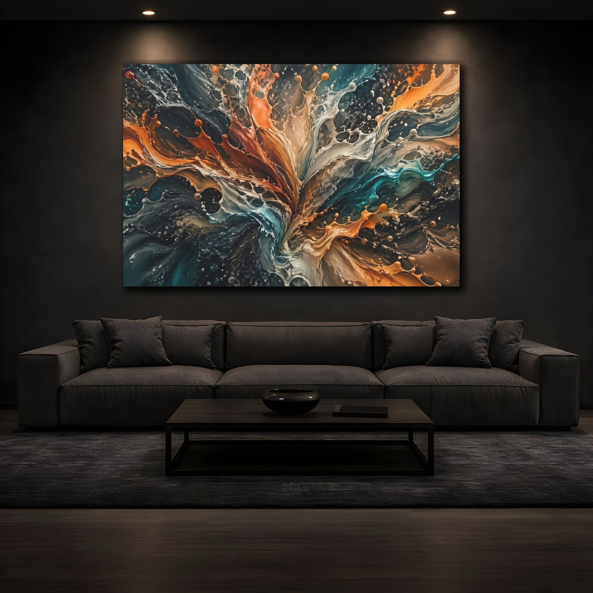 Mockup 3. Abstract Paint Splash Colorful Fluid Dynamics shown as stretched canvas wall art