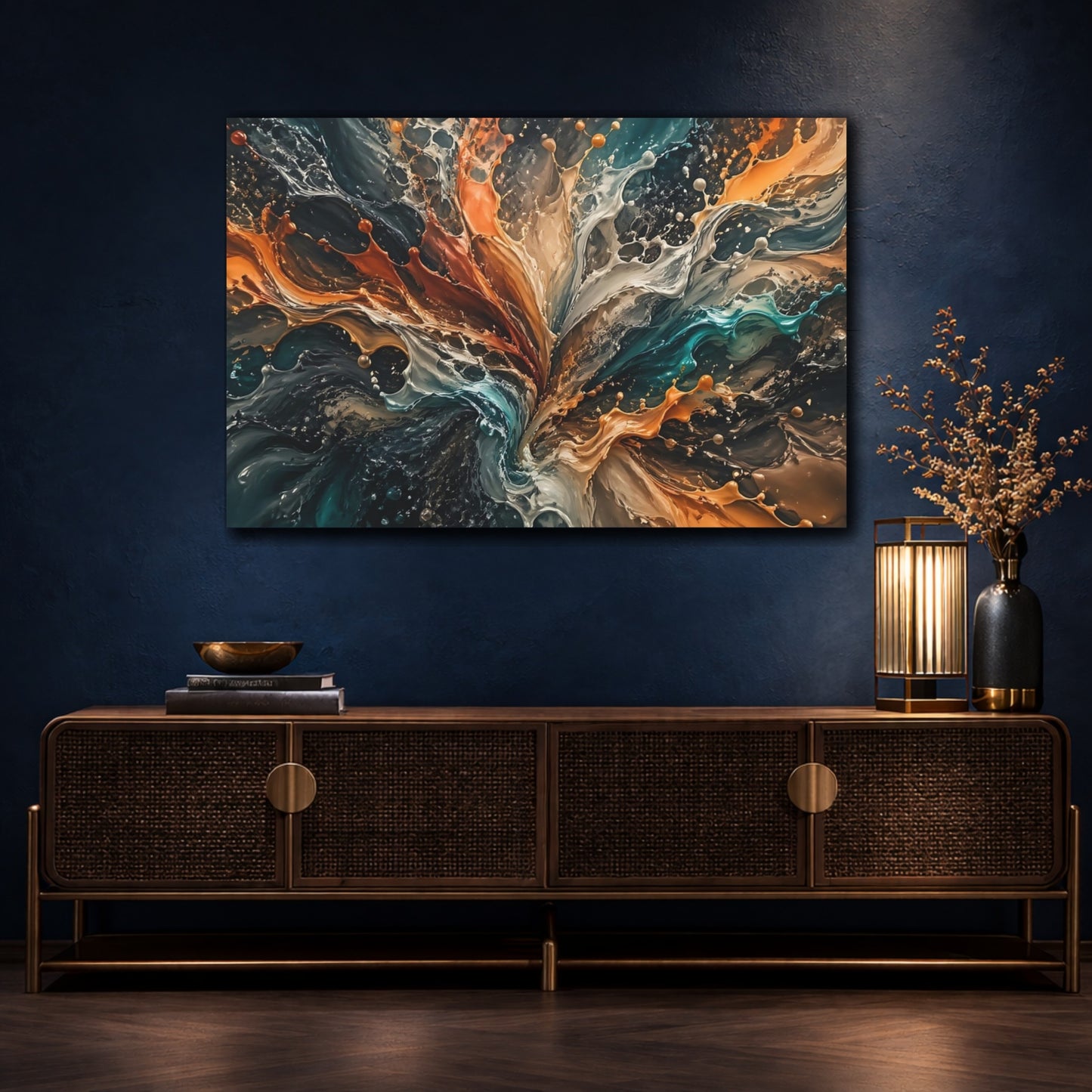 Mockup 4. Abstract Paint Splash Colorful Fluid Dynamics shown as stretched canvas wall art