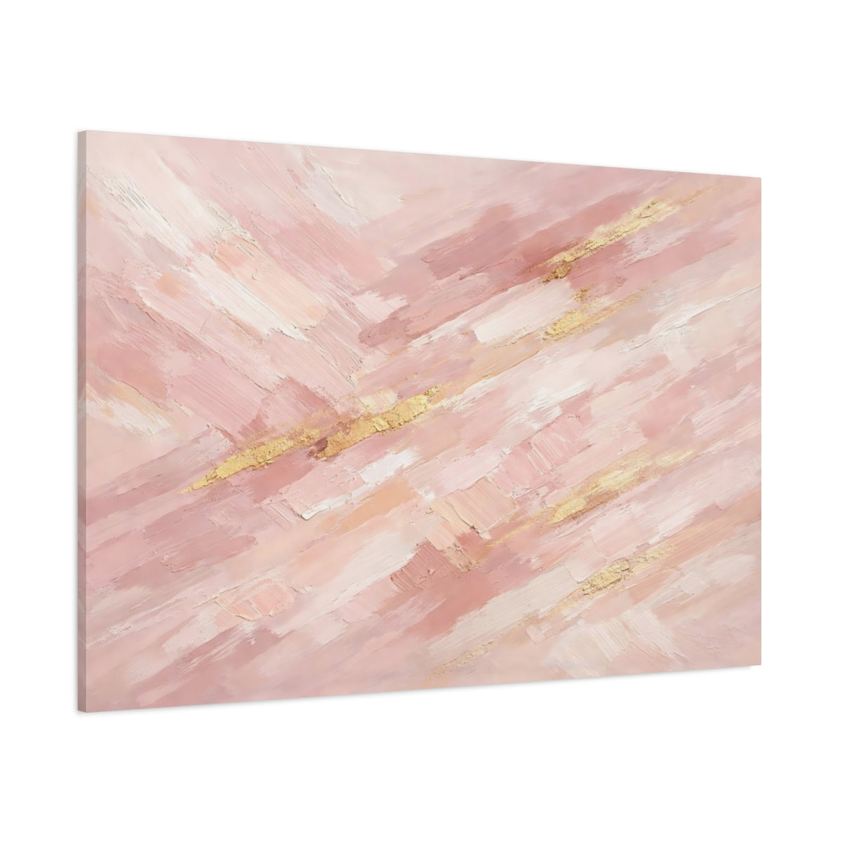 Main Mockup. Abstract Paint Strokes Pink And Gold shown as stretched canvas wall art