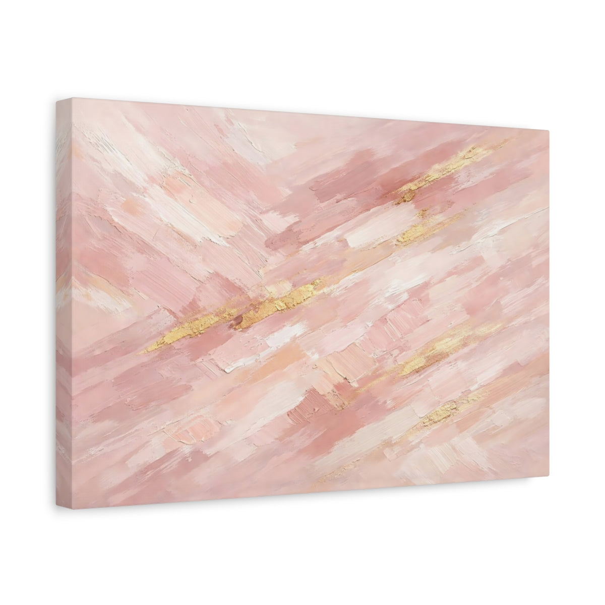 Side Mockup 4. Abstract Paint Strokes Pink And Gold shown as stretched canvas wall art