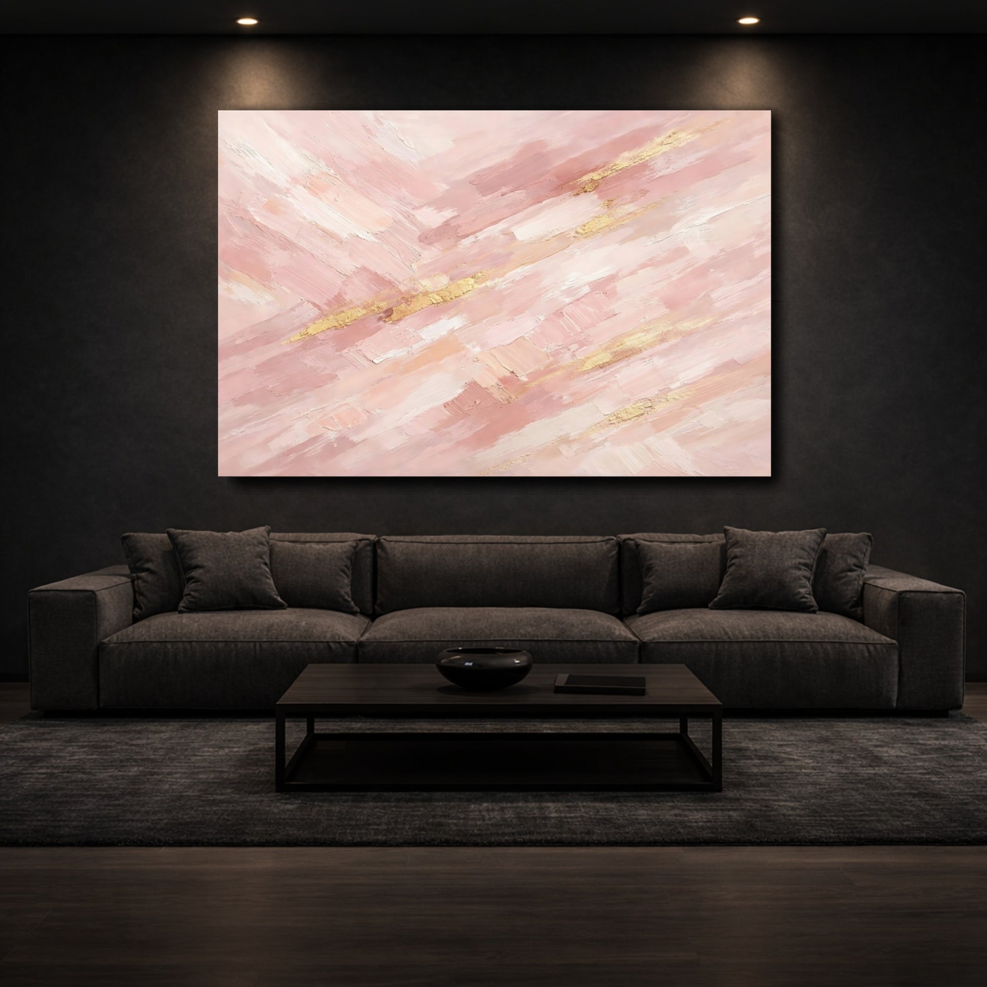 Mockup 2. Abstract Paint Strokes Pink And Gold shown as stretched canvas wall art