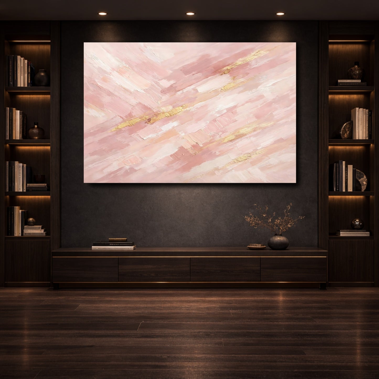 Mockup 3. Abstract Paint Strokes Pink And Gold shown as stretched canvas wall art