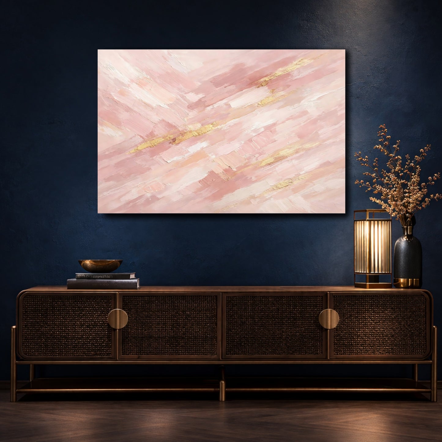 Mockup 4. Abstract Paint Strokes Pink And Gold shown as stretched canvas wall art