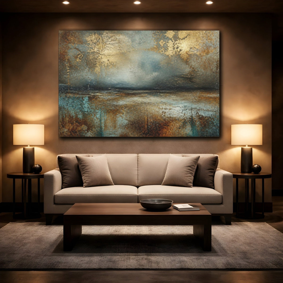 Abstract Patina Horizon Canvas Print – Living Room, Above Sofa, Teal & Gold - YesArtYes