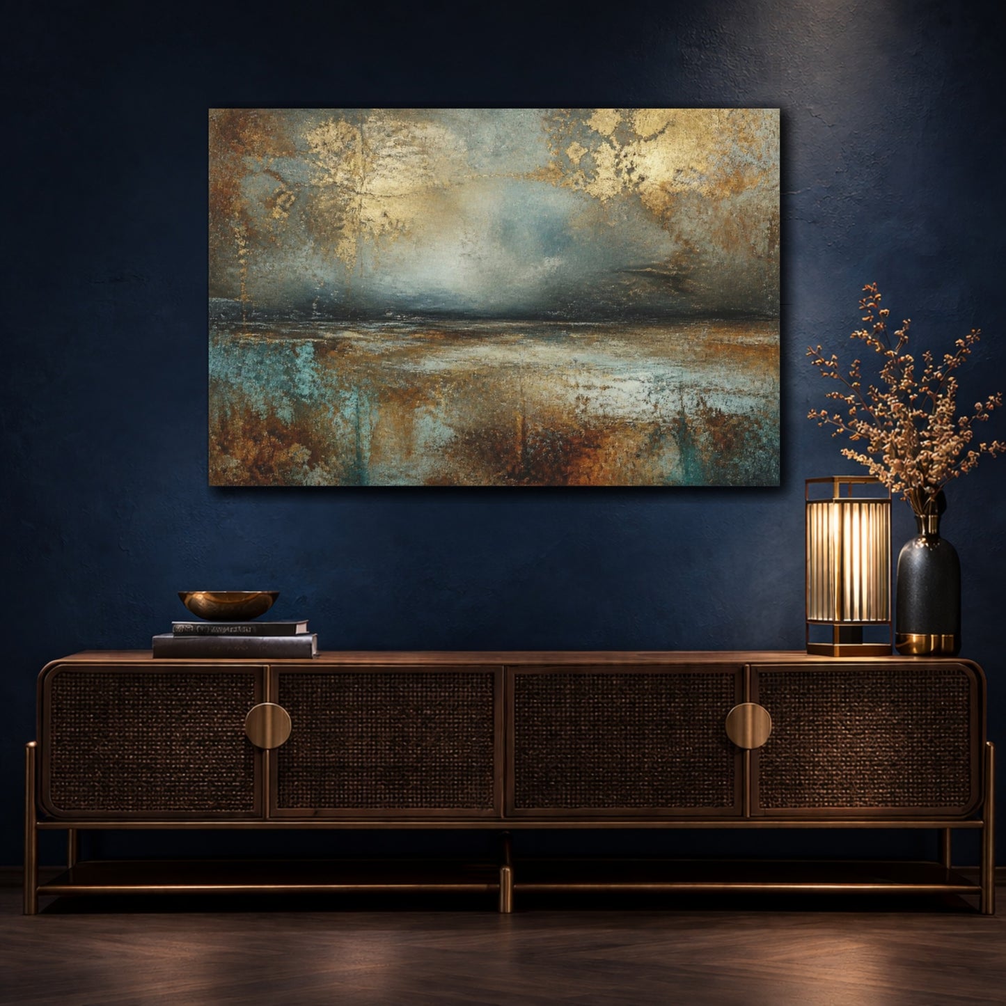 Mockup 4. Abstract Patina Horizon shown as canvas print
