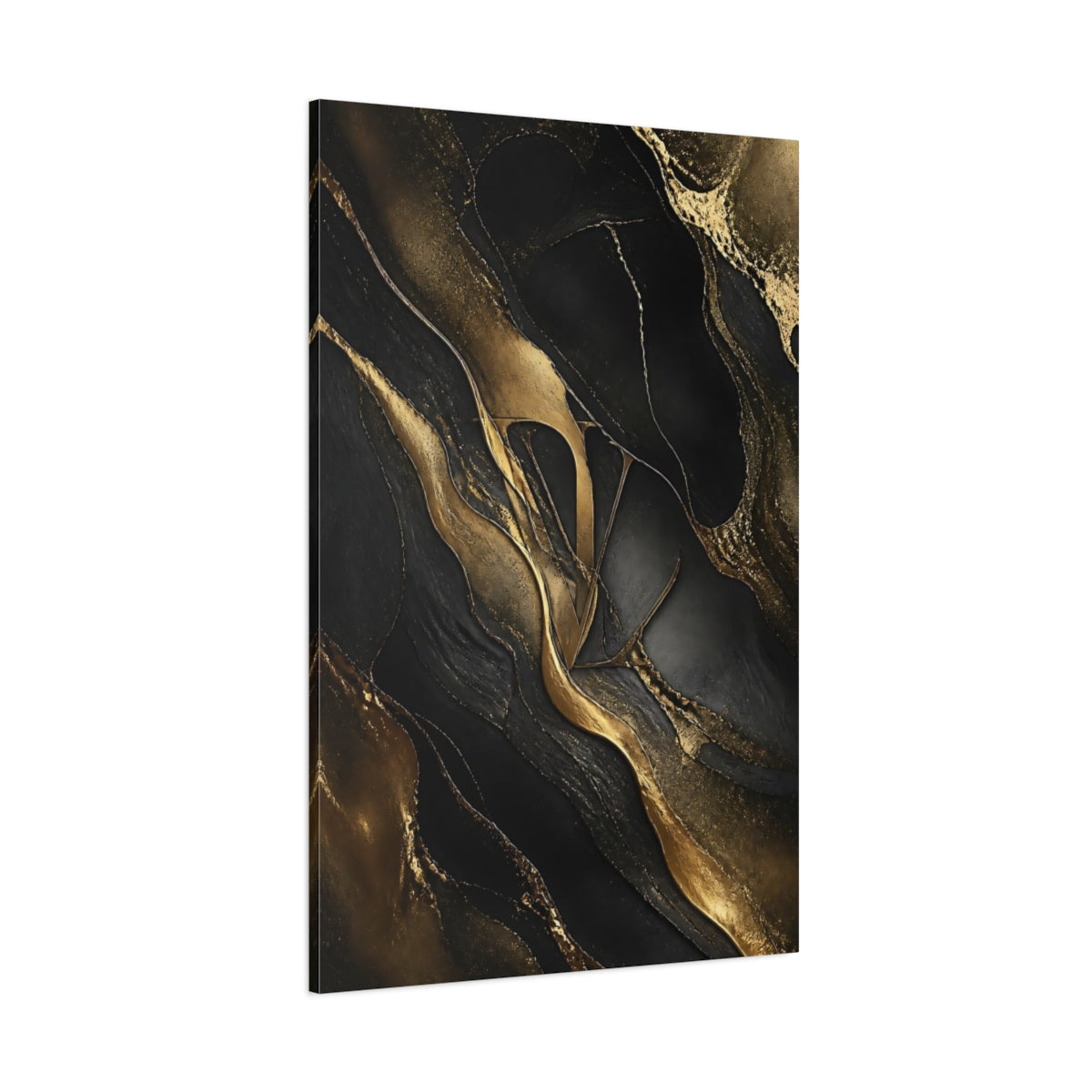 Side Mockup 1. Abstract Abstract Pattern Black And Gold shown as stretched canvas wall art