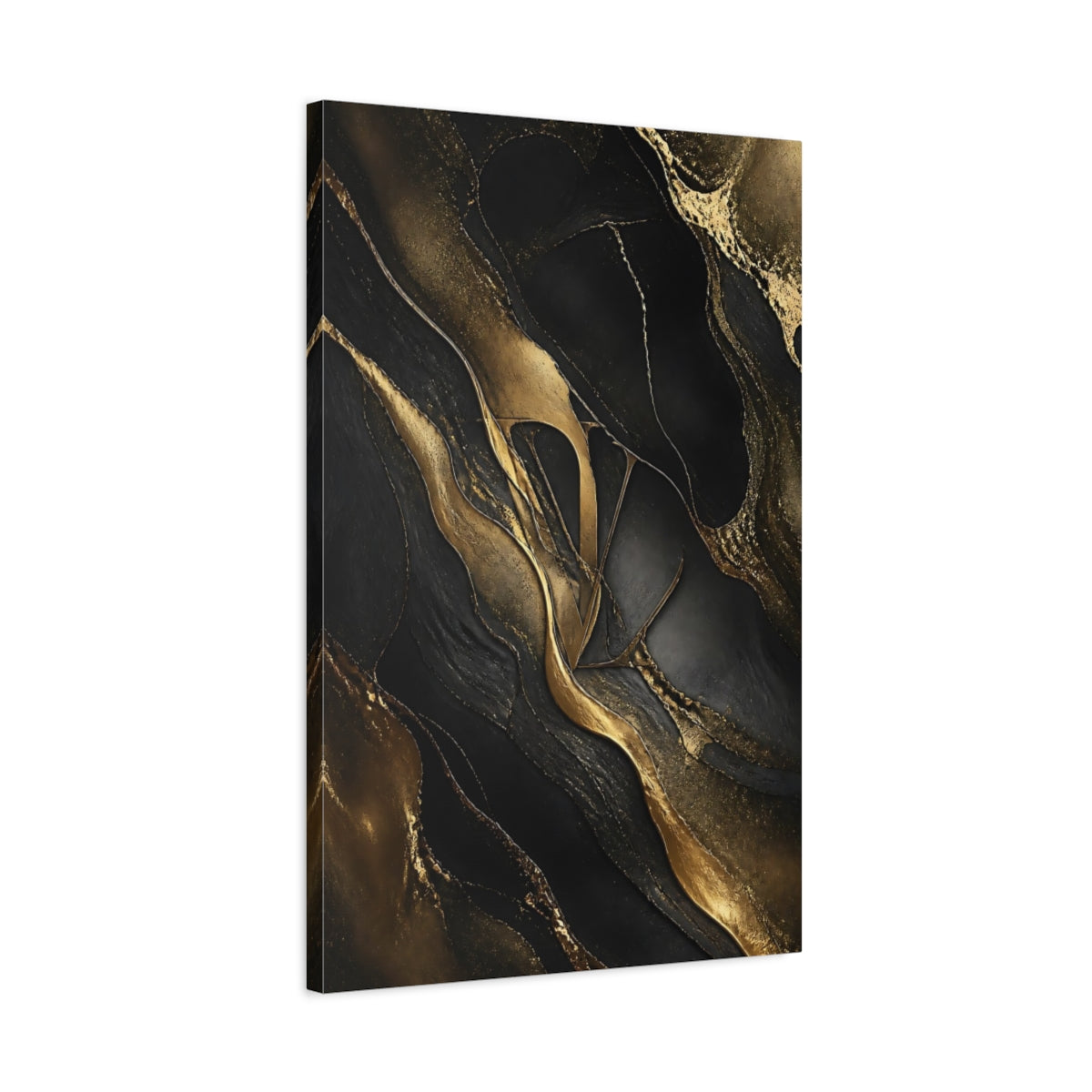 Side Mockup 2. Abstract Abstract Pattern Black And Gold shown as stretched canvas wall art