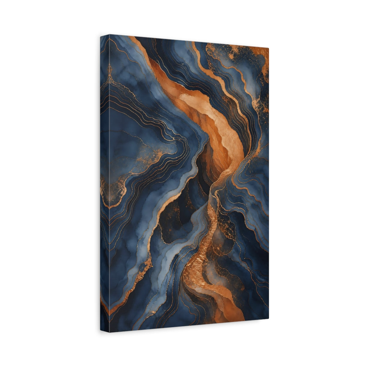 Side Mockup 4. Abstract Abstract Pattern Blue And Gold Abstract shown as stretched canvas wall art