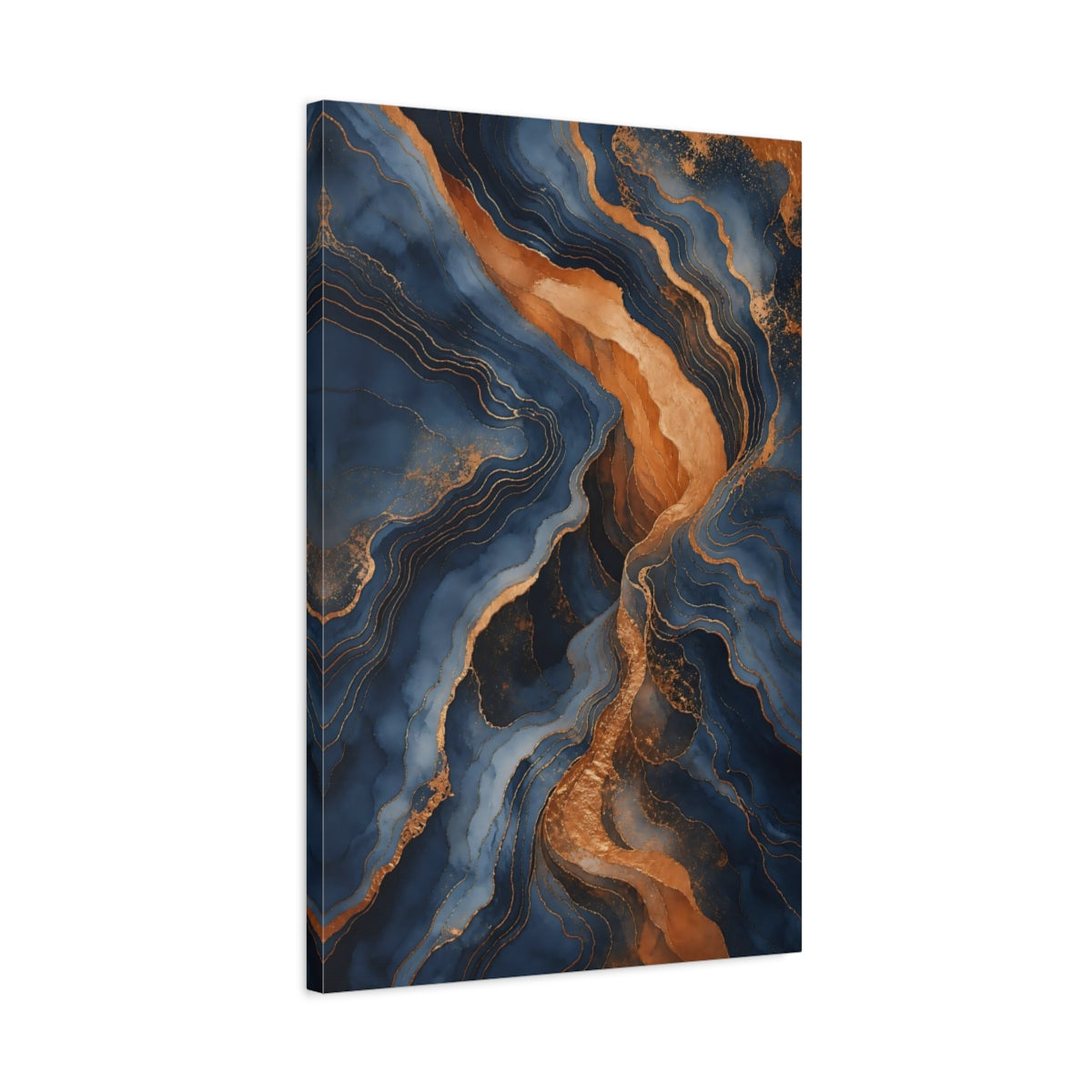 Side Mockup 2. Abstract Abstract Pattern Blue And Gold Abstract shown as stretched canvas wall art