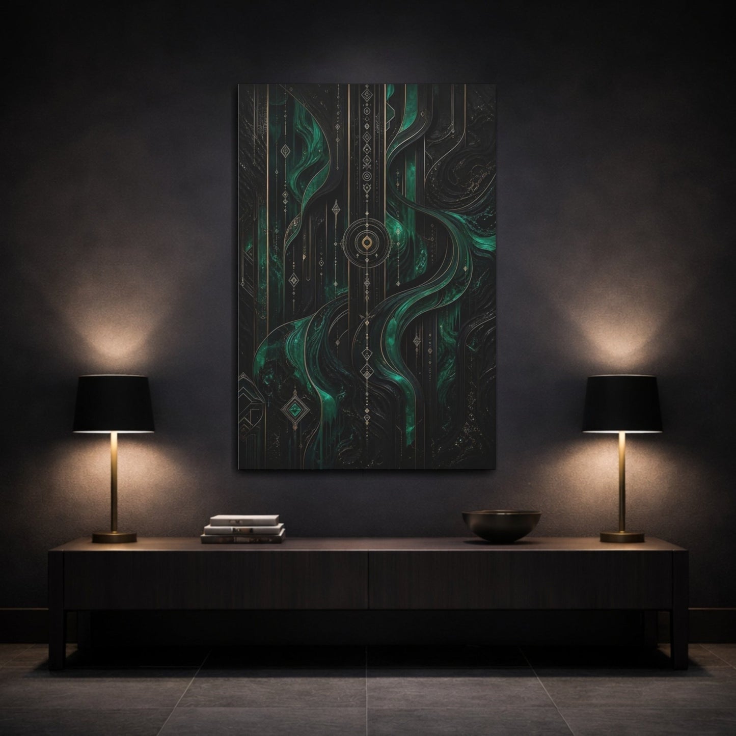 Abstract Pattern Emerald Green And Gold Canvas Wall Art Print – Living Room Decor, Large - YesArtYes