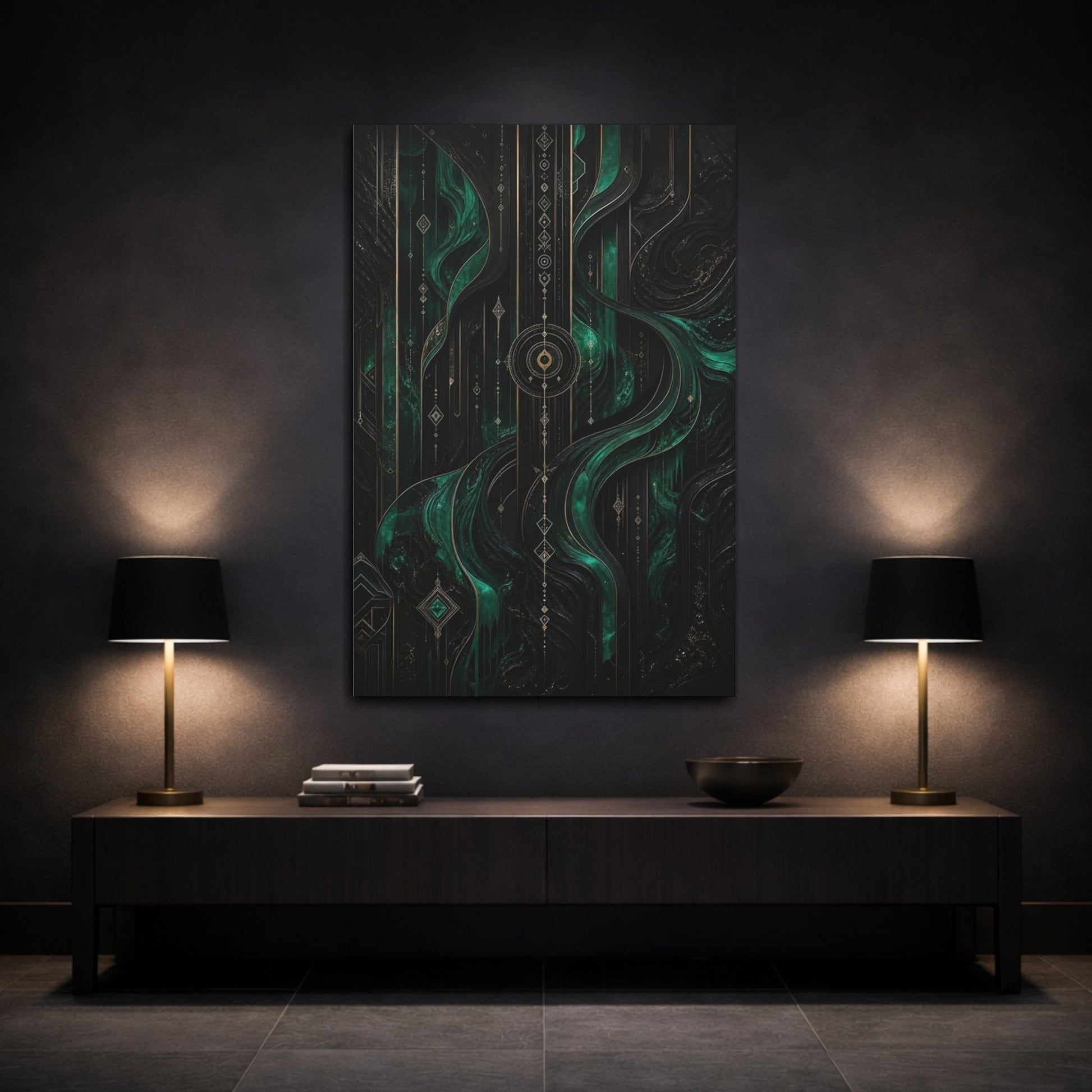 Abstract Pattern Emerald Green And Gold Canvas Wall Art Print – Living Room Decor, Large - YesArtYes
