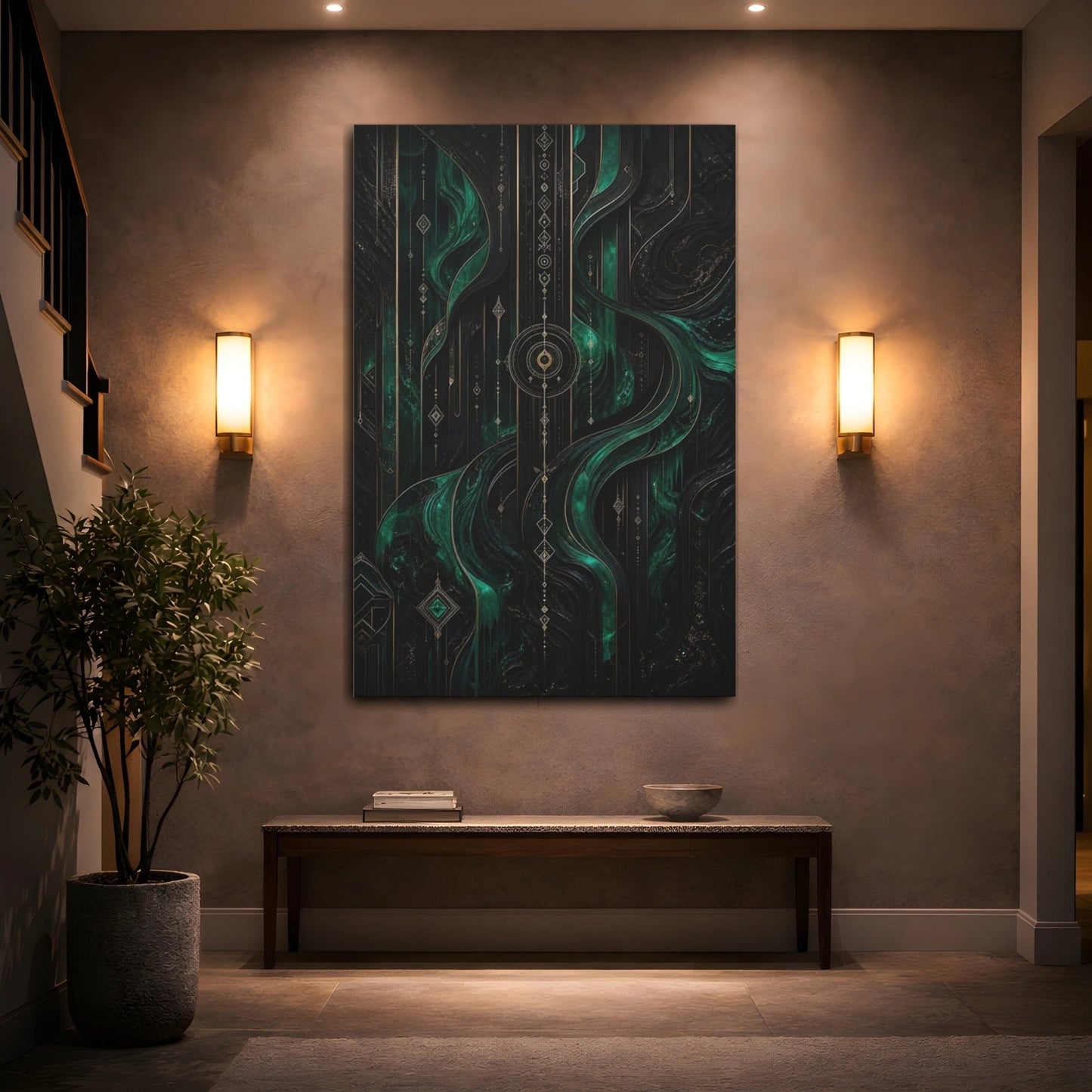 Abstract Pattern Emerald Green And Gold Canvas Wall Art Print – Living Room Decor, Large - YesArtYes