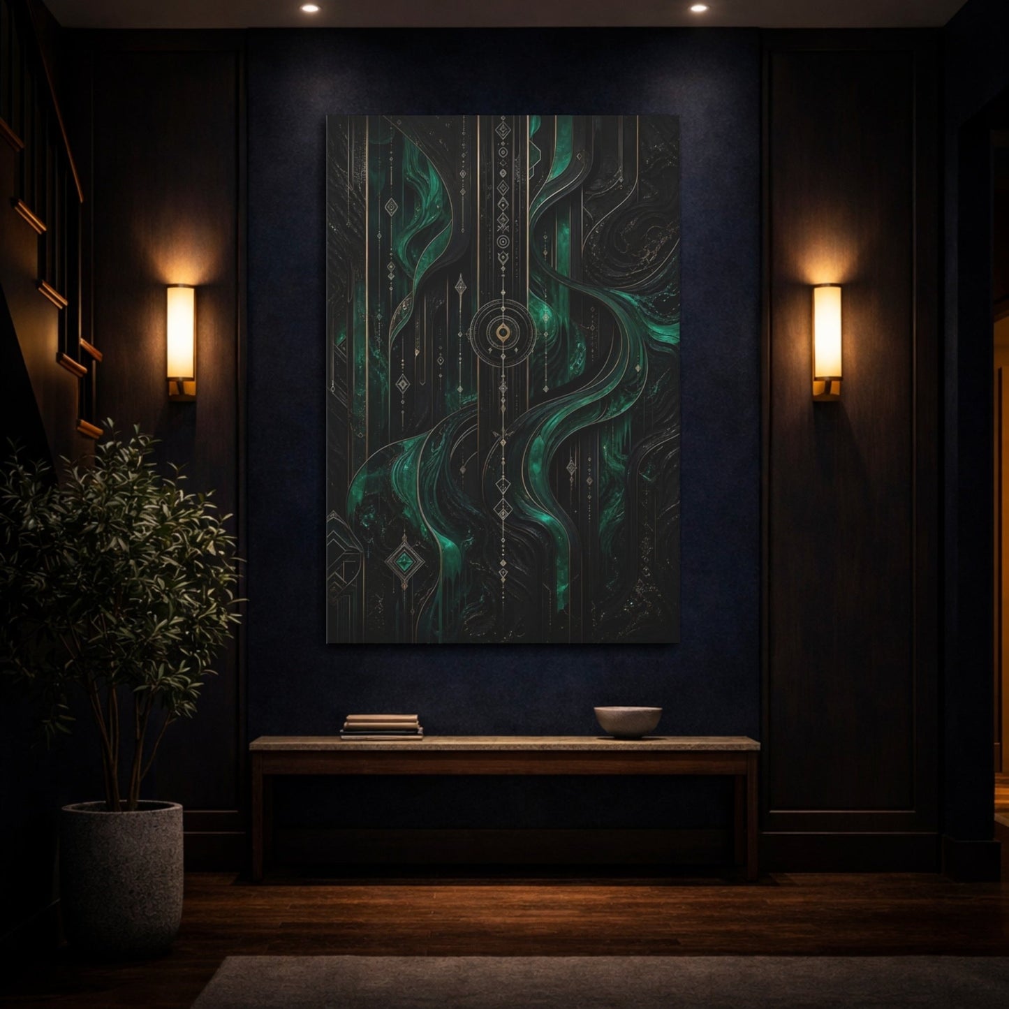 Abstract Pattern Emerald Green And Gold Canvas Wall Art Print – Living Room Decor, Large - YesArtYes