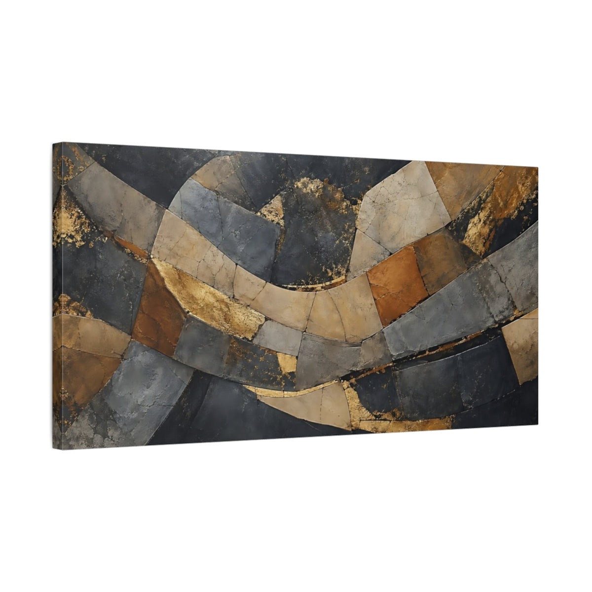 Side Mockup 1. Abstract Abstract Pattern Gold And Black Abstract shown as stretched canvas wall art