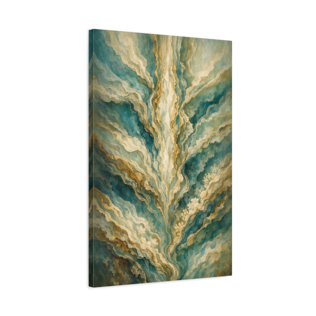 Side Mockup 2. Abstract Abstract Patterns Teal Gold Abstract shown as stretched canvas wall art
