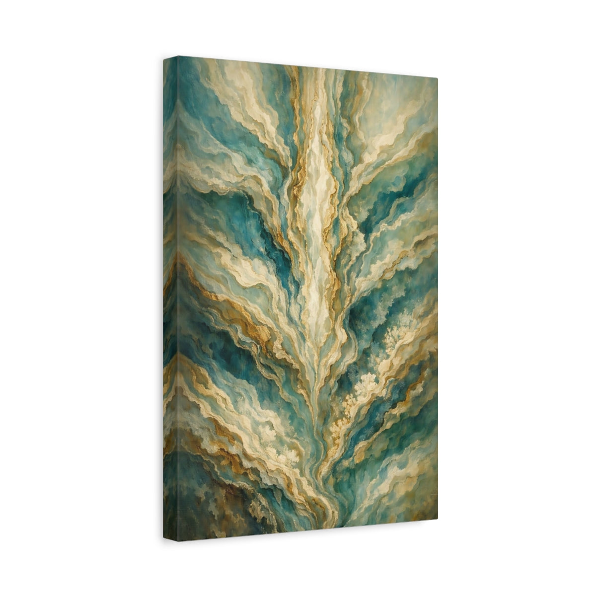 Side Mockup 4. Abstract Abstract Patterns Teal Gold Abstract shown as stretched canvas wall art