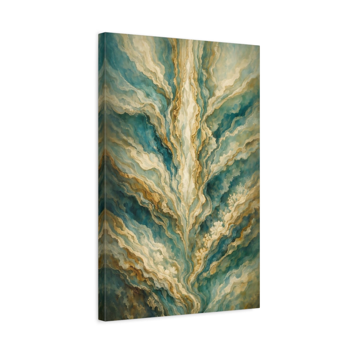 Side Mockup 3. Abstract Abstract Patterns Teal Gold Abstract shown as stretched canvas wall art
