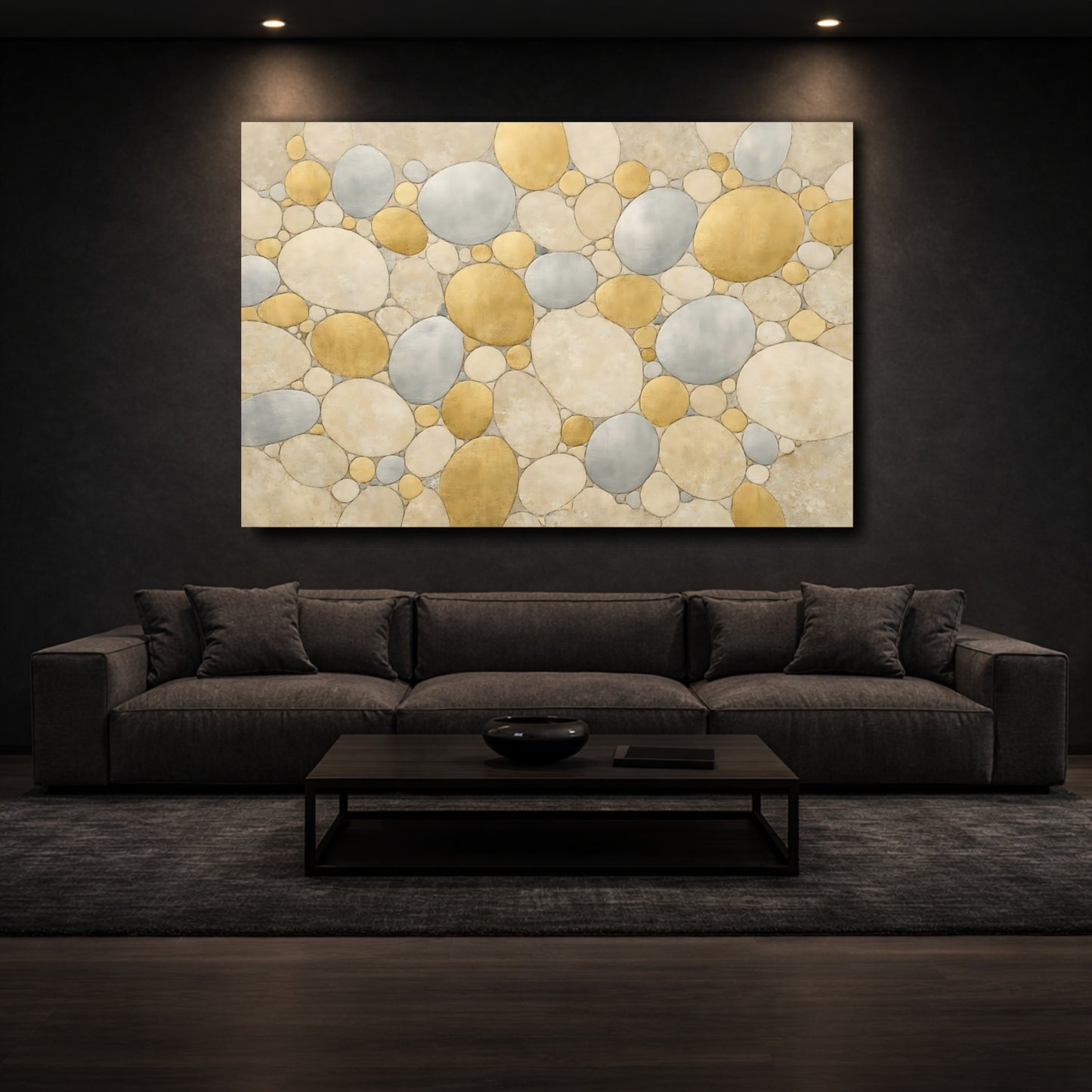 Mockup 2. Abstract Pebble Pattern Gold Silver Abstract shown as stretched canvas wall art