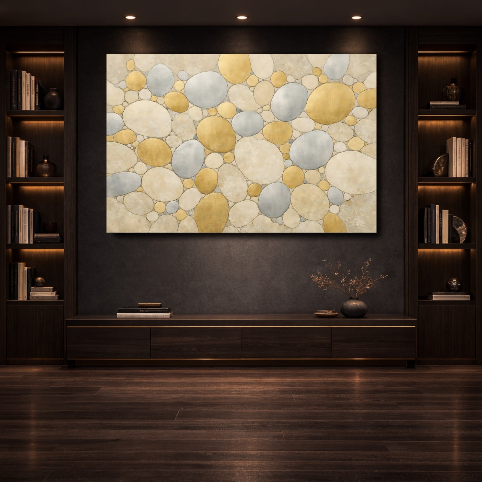 Mockup 3. Abstract Pebble Pattern Gold Silver Abstract shown as stretched canvas wall art