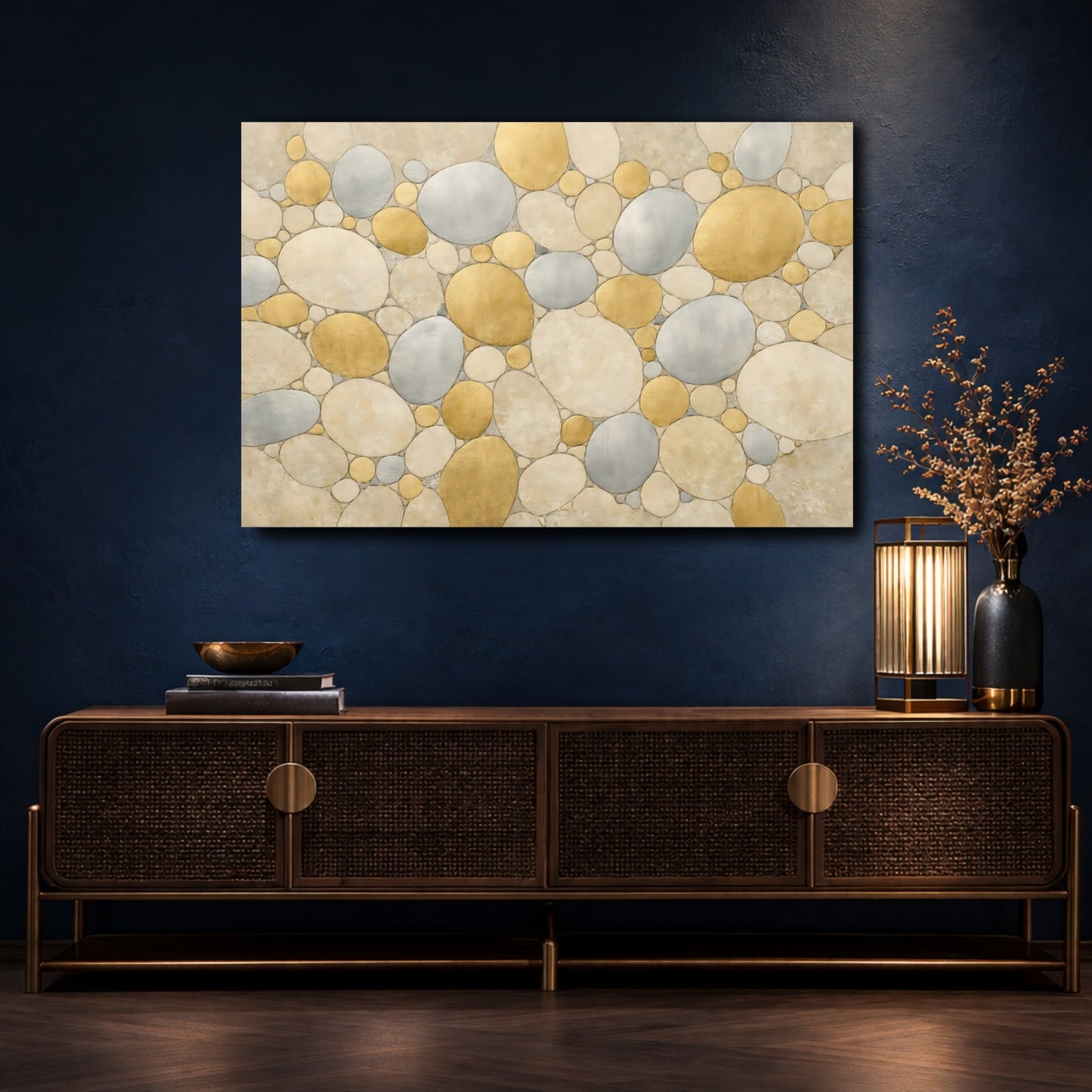 Mockup 4. Abstract Pebble Pattern Gold Silver Abstract shown as stretched canvas wall art