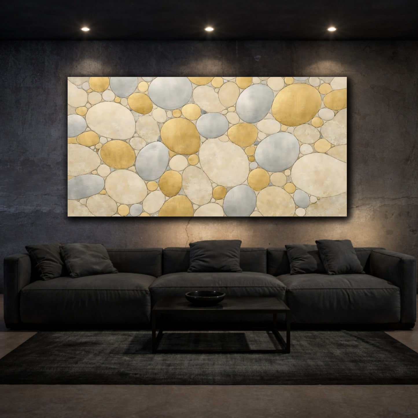 Mockup 2. Abstract Pebbles Gold Silver Pebbles shown as stretched canvas wall art